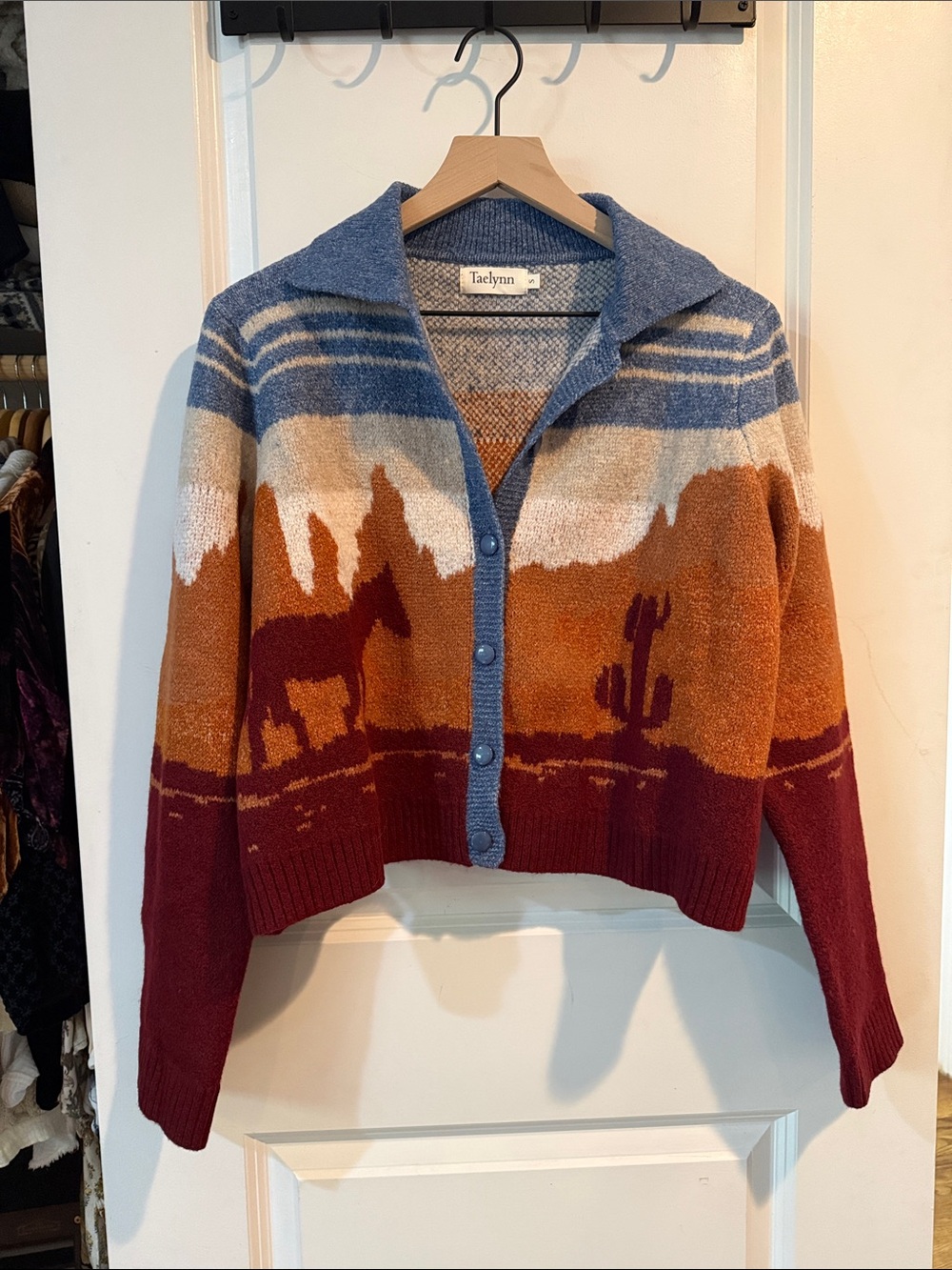 NWOT Scenic Desert Horse Button-Front Sweater Jacket - Rust, Blue, Cream